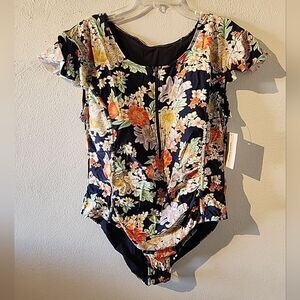 Meet Curve Swimsuit Floral 4XL One Piece 3/4 Zip Blue Peach XXXXL